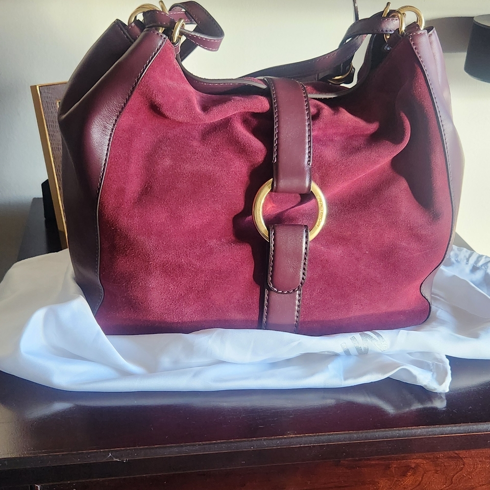 MICHAEL Michael Kors Burgundy Suede Shoulder Bag with Gold Ring